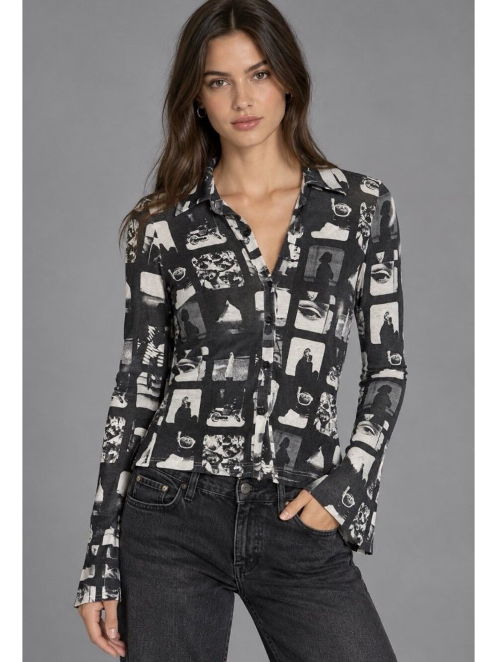 MOTEL Womens S Black & White Photo Print Long Sleeve Shirt Top Vintage 90s Style